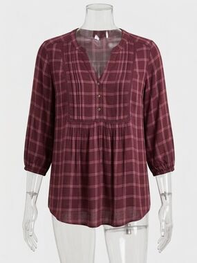 Wrangler Burgundy Plaid Split-Neck Peasant Blouse XS